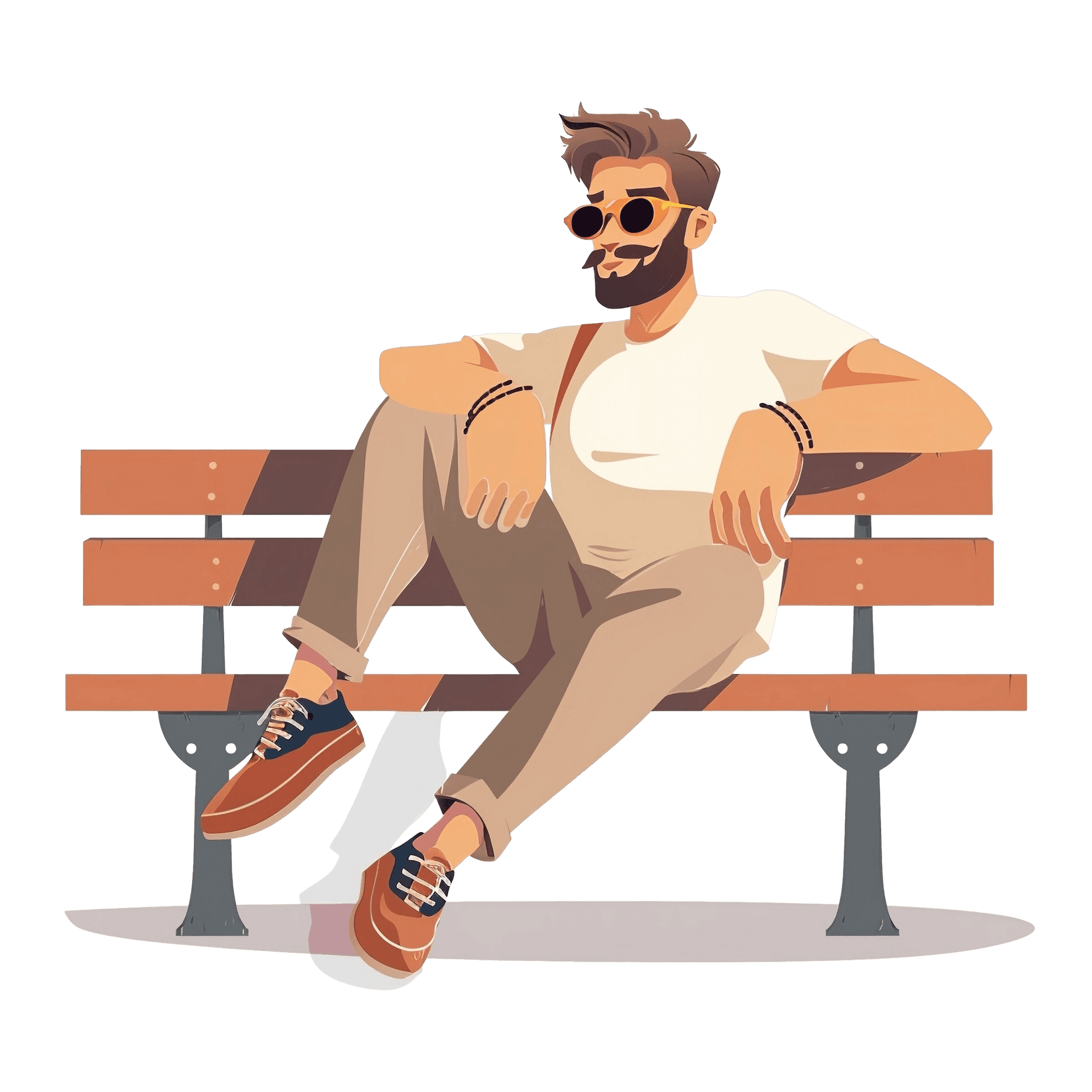 Illustration: a relaxed bearded trader in sunglasses lounging cross-legged on a park bench — copy trading without the chart-watching stress